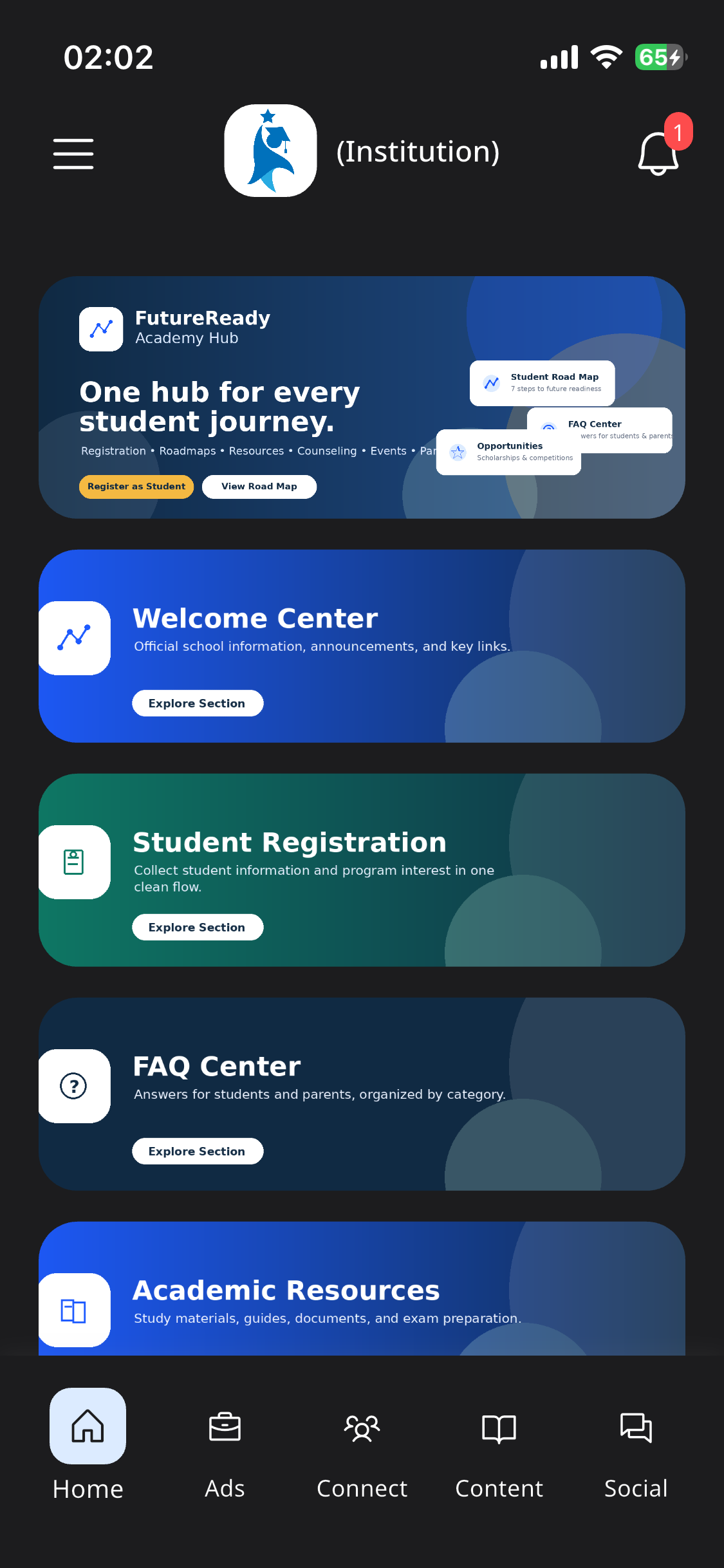 SumHubs institution hub — student home screen