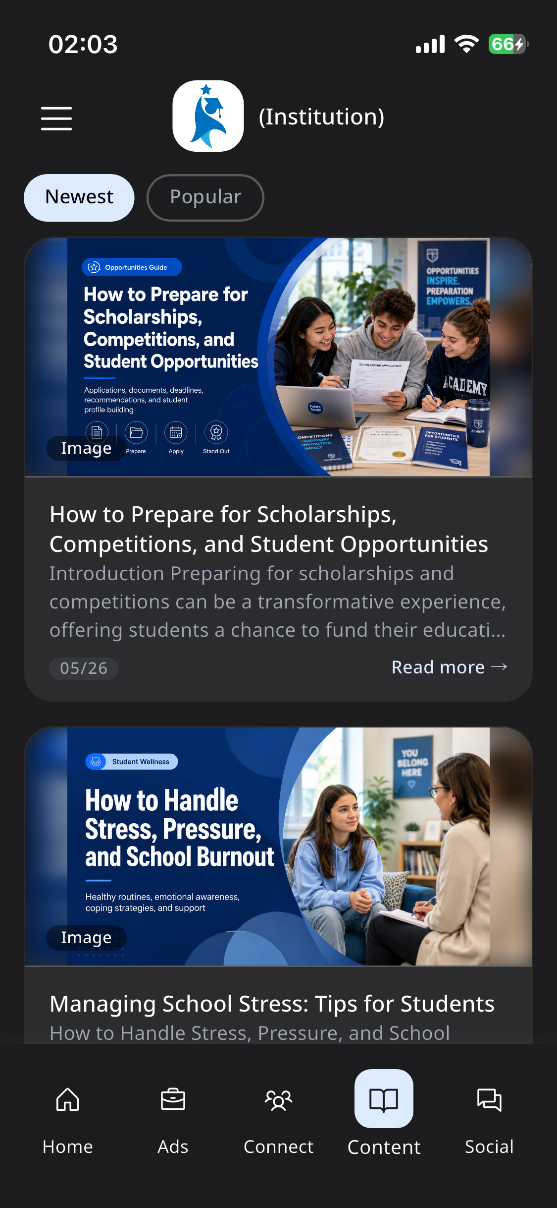 Student hub — content and resources screen